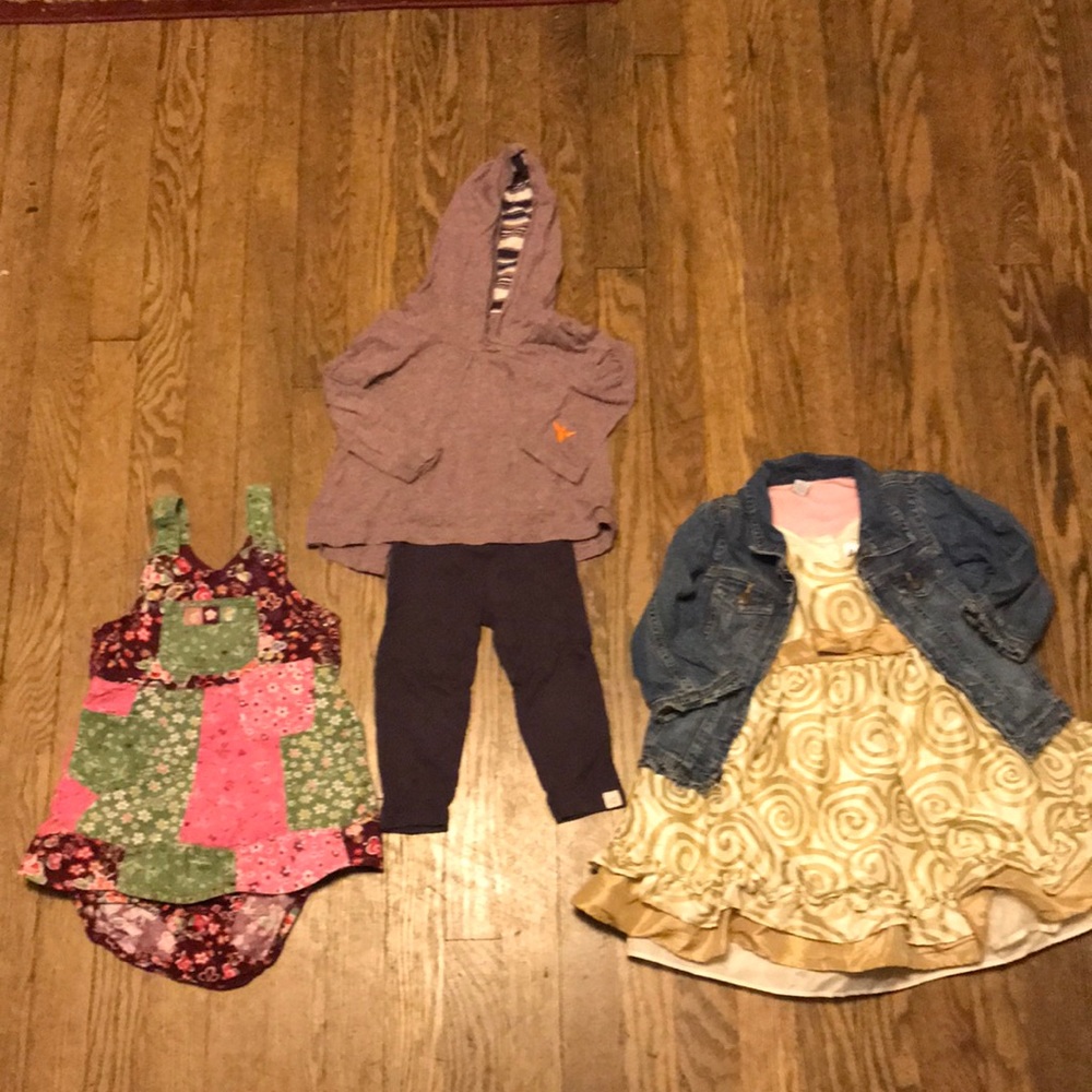 18 mos/months dresses, jean jacket, top and pants.
